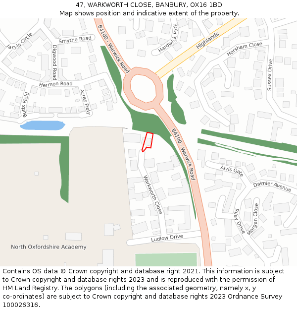 47, WARKWORTH CLOSE, BANBURY, OX16 1BD: Location map and indicative extent of plot
