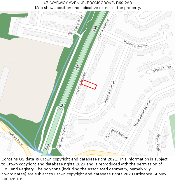 47, WARWICK AVENUE, BROMSGROVE, B60 2AR: Location map and indicative extent of plot