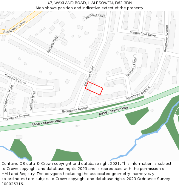 47, WAXLAND ROAD, HALESOWEN, B63 3DN: Location map and indicative extent of plot