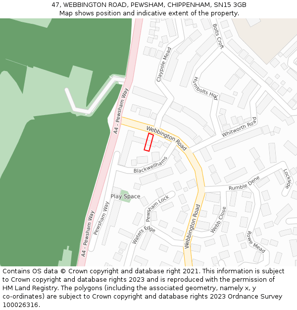 47, WEBBINGTON ROAD, PEWSHAM, CHIPPENHAM, SN15 3GB: Location map and indicative extent of plot