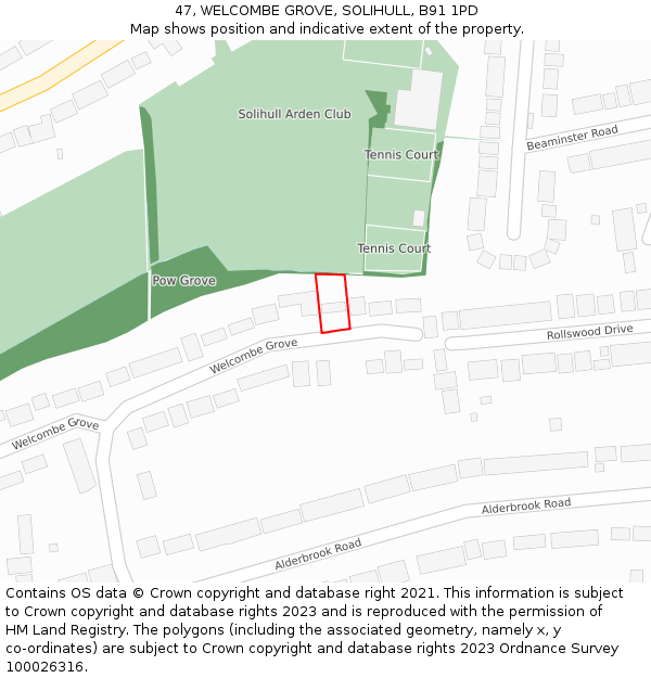 47, WELCOMBE GROVE, SOLIHULL, B91 1PD: Location map and indicative extent of plot