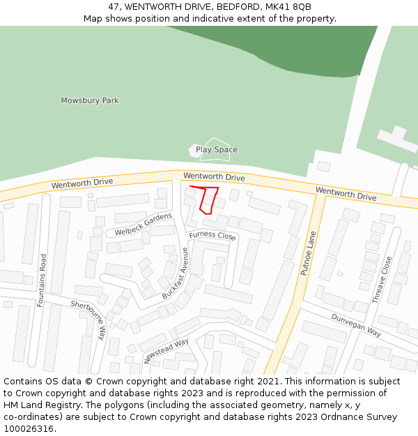 47, WENTWORTH DRIVE, BEDFORD, MK41 8QB: Location map and indicative extent of plot