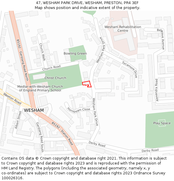 47, WESHAM PARK DRIVE, WESHAM, PRESTON, PR4 3EF: Location map and indicative extent of plot