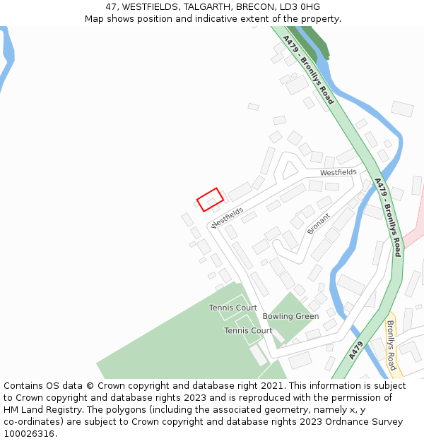 47, WESTFIELDS, TALGARTH, BRECON, LD3 0HG: Location map and indicative extent of plot