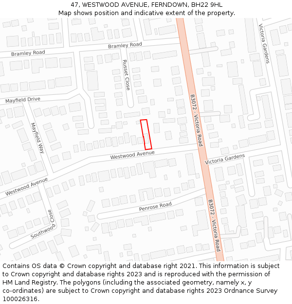 47, WESTWOOD AVENUE, FERNDOWN, BH22 9HL: Location map and indicative extent of plot