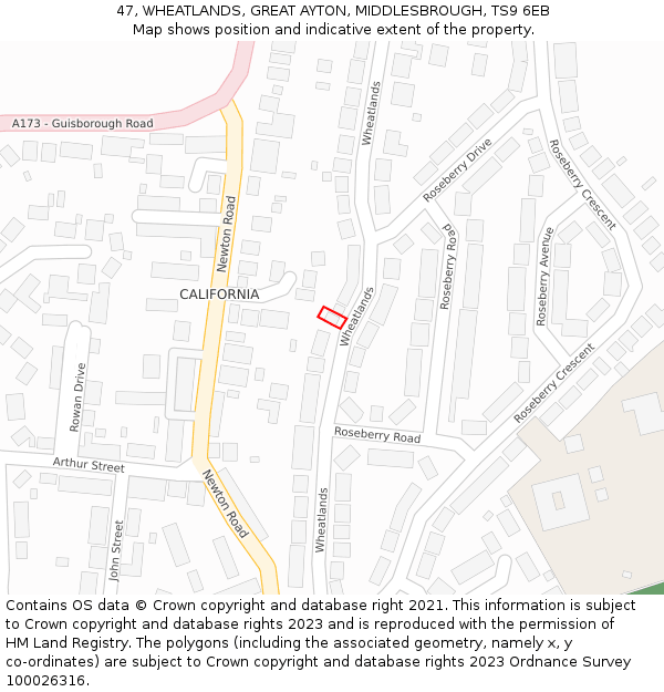 47, WHEATLANDS, GREAT AYTON, MIDDLESBROUGH, TS9 6EB: Location map and indicative extent of plot