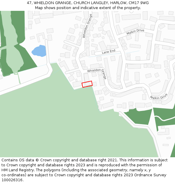 47, WHIELDON GRANGE, CHURCH LANGLEY, HARLOW, CM17 9WG: Location map and indicative extent of plot