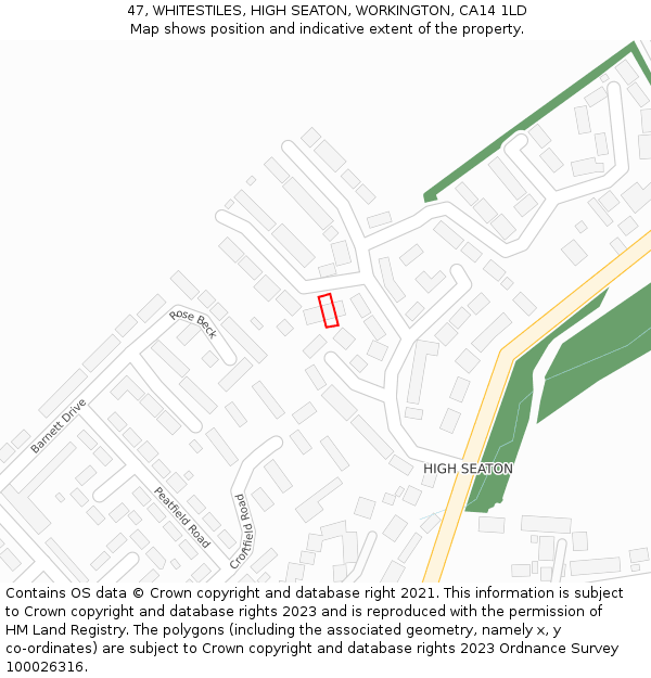 47, WHITESTILES, HIGH SEATON, WORKINGTON, CA14 1LD: Location map and indicative extent of plot