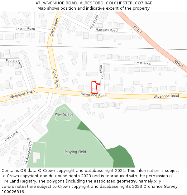 47, WIVENHOE ROAD, ALRESFORD, COLCHESTER, CO7 8AE: Location map and indicative extent of plot