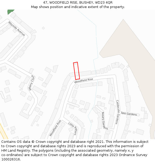 47, WOODFIELD RISE, BUSHEY, WD23 4QR: Location map and indicative extent of plot