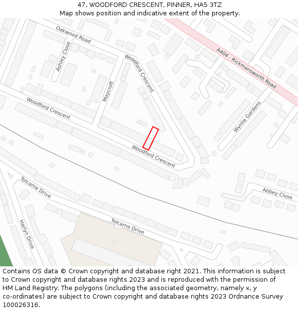 47, WOODFORD CRESCENT, PINNER, HA5 3TZ: Location map and indicative extent of plot