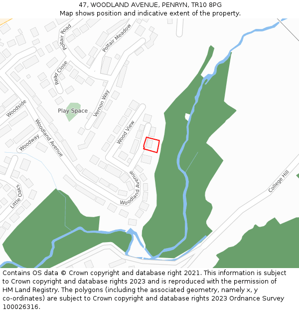 47, WOODLAND AVENUE, PENRYN, TR10 8PG: Location map and indicative extent of plot