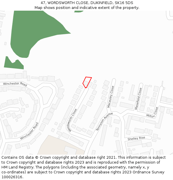 47, WORDSWORTH CLOSE, DUKINFIELD, SK16 5DS: Location map and indicative extent of plot