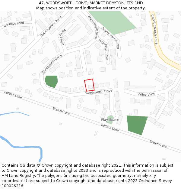 47, WORDSWORTH DRIVE, MARKET DRAYTON, TF9 1ND: Location map and indicative extent of plot