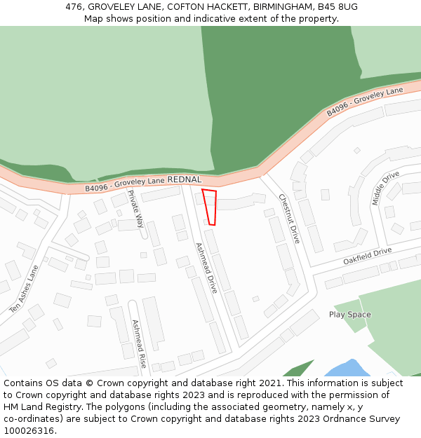 476, GROVELEY LANE, COFTON HACKETT, BIRMINGHAM, B45 8UG: Location map and indicative extent of plot