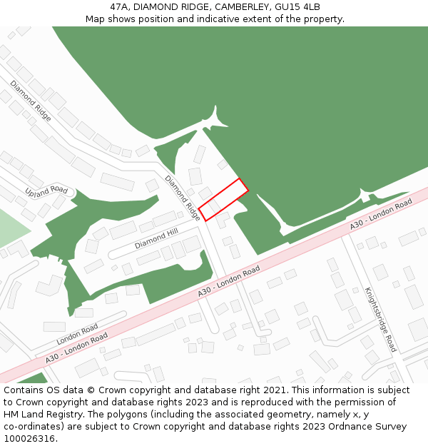 47A, DIAMOND RIDGE, CAMBERLEY, GU15 4LB: Location map and indicative extent of plot