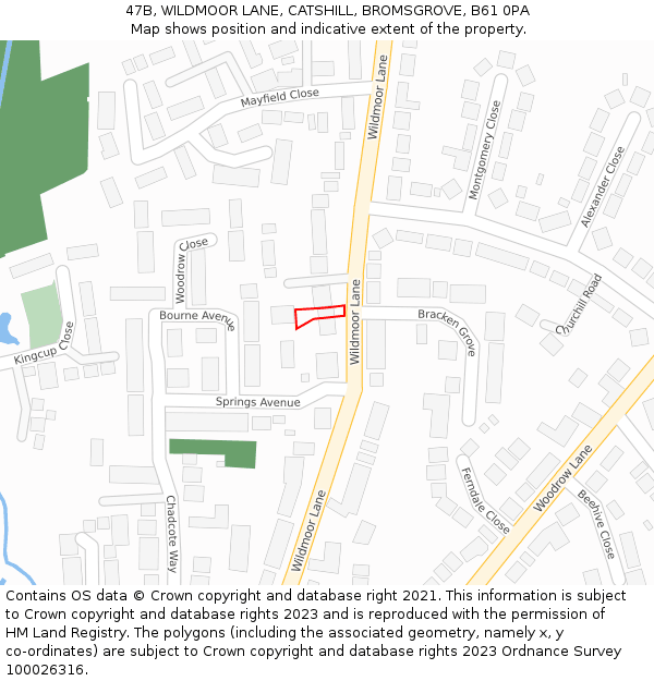 47B, WILDMOOR LANE, CATSHILL, BROMSGROVE, B61 0PA: Location map and indicative extent of plot