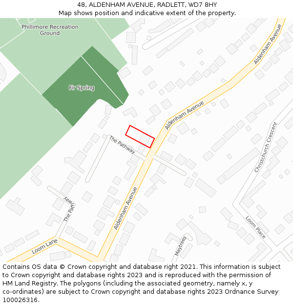 48, ALDENHAM AVENUE, RADLETT, WD7 8HY: Location map and indicative extent of plot