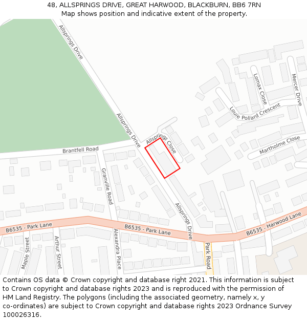 48, ALLSPRINGS DRIVE, GREAT HARWOOD, BLACKBURN, BB6 7RN: Location map and indicative extent of plot