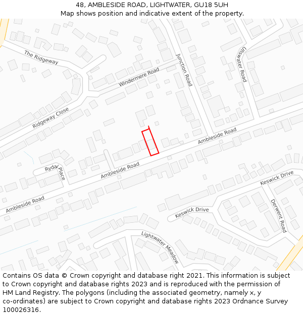 48, AMBLESIDE ROAD, LIGHTWATER, GU18 5UH: Location map and indicative extent of plot