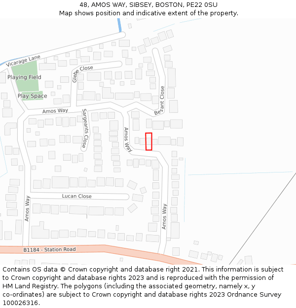 48, AMOS WAY, SIBSEY, BOSTON, PE22 0SU: Location map and indicative extent of plot