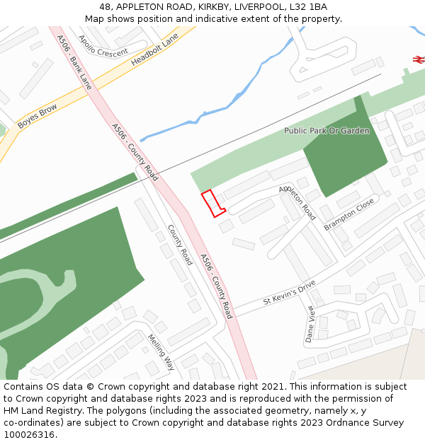 48, APPLETON ROAD, KIRKBY, LIVERPOOL, L32 1BA: Location map and indicative extent of plot