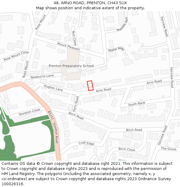 48, ARNO ROAD, PRENTON, CH43 5UX: Location map and indicative extent of plot