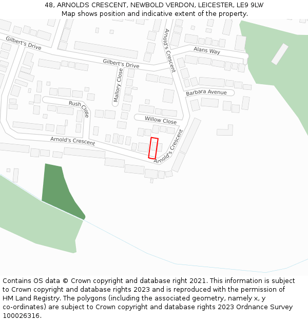 48, ARNOLDS CRESCENT, NEWBOLD VERDON, LEICESTER, LE9 9LW: Location map and indicative extent of plot