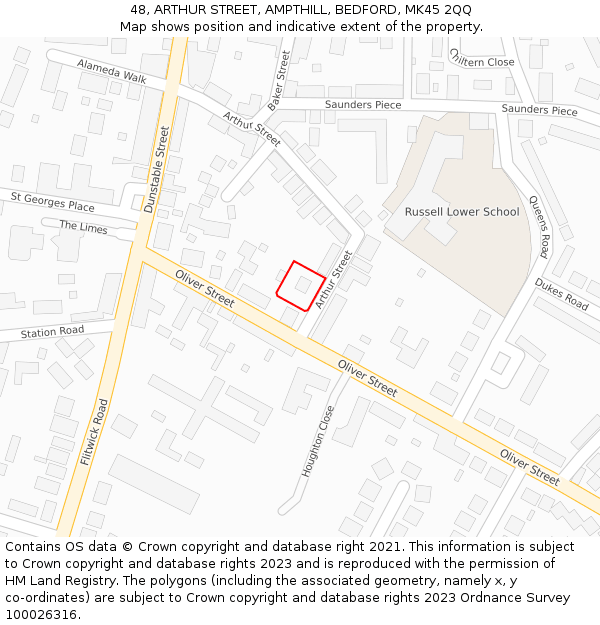 48, ARTHUR STREET, AMPTHILL, BEDFORD, MK45 2QQ: Location map and indicative extent of plot