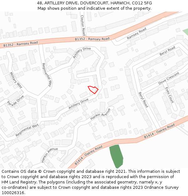 48, ARTILLERY DRIVE, DOVERCOURT, HARWICH, CO12 5FG: Location map and indicative extent of plot