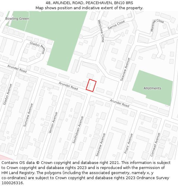 48, ARUNDEL ROAD, PEACEHAVEN, BN10 8RS: Location map and indicative extent of plot