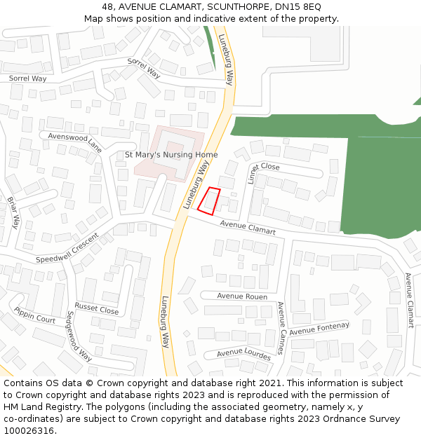 48, AVENUE CLAMART, SCUNTHORPE, DN15 8EQ: Location map and indicative extent of plot