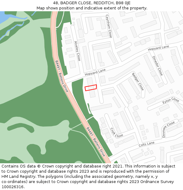 48, BADGER CLOSE, REDDITCH, B98 0JE: Location map and indicative extent of plot