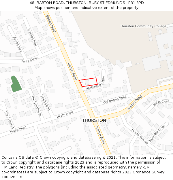 48, BARTON ROAD, THURSTON, BURY ST EDMUNDS, IP31 3PD: Location map and indicative extent of plot