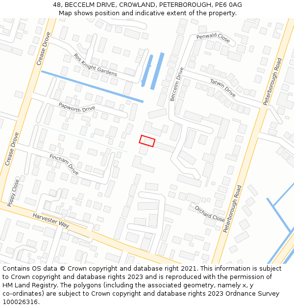 48, BECCELM DRIVE, CROWLAND, PETERBOROUGH, PE6 0AG: Location map and indicative extent of plot