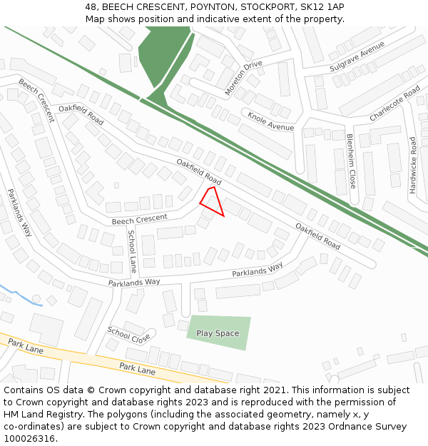 48, BEECH CRESCENT, POYNTON, STOCKPORT, SK12 1AP: Location map and indicative extent of plot