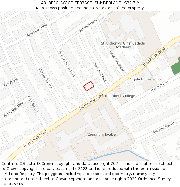 48, BEECHWOOD TERRACE, SUNDERLAND, SR2 7LY: Location map and indicative extent of plot