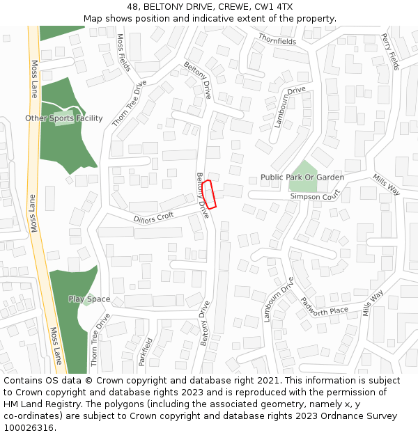 48, BELTONY DRIVE, CREWE, CW1 4TX: Location map and indicative extent of plot