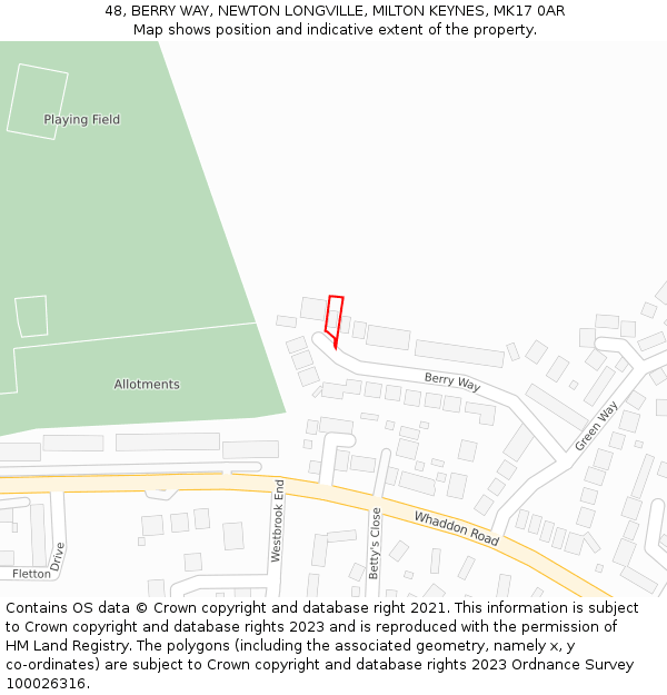 48, BERRY WAY, NEWTON LONGVILLE, MILTON KEYNES, MK17 0AR: Location map and indicative extent of plot