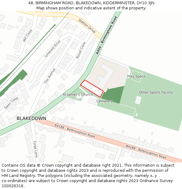 48, BIRMINGHAM ROAD, BLAKEDOWN, KIDDERMINSTER, DY10 3JN: Location map and indicative extent of plot