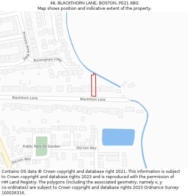 48, BLACKTHORN LANE, BOSTON, PE21 9BG: Location map and indicative extent of plot