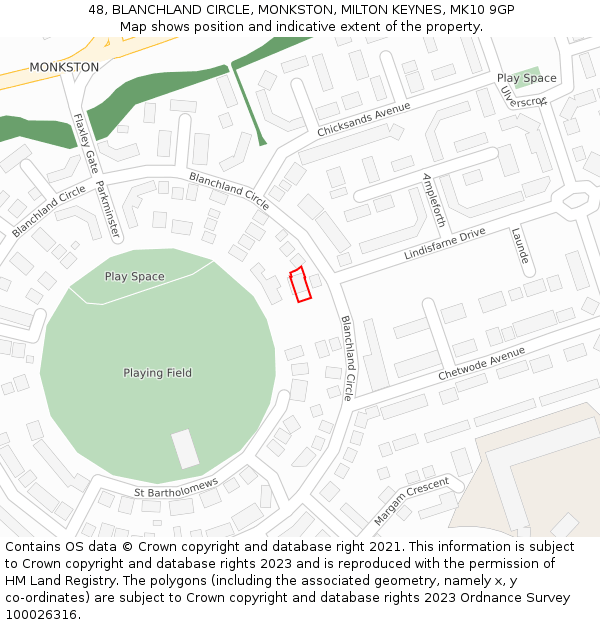 48, BLANCHLAND CIRCLE, MONKSTON, MILTON KEYNES, MK10 9GP: Location map and indicative extent of plot