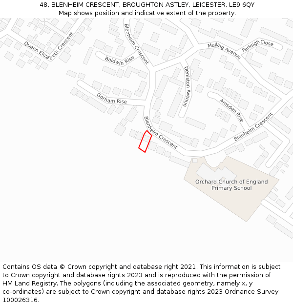 48, BLENHEIM CRESCENT, BROUGHTON ASTLEY, LEICESTER, LE9 6QY: Location map and indicative extent of plot