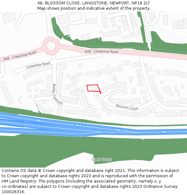 48, BLOSSOM CLOSE, LANGSTONE, NEWPORT, NP18 2LT: Location map and indicative extent of plot