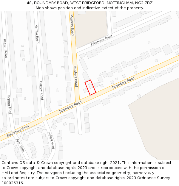 48, BOUNDARY ROAD, WEST BRIDGFORD, NOTTINGHAM, NG2 7BZ: Location map and indicative extent of plot