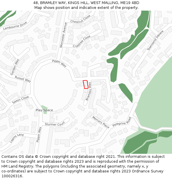 48, BRAMLEY WAY, KINGS HILL, WEST MALLING, ME19 4BD: Location map and indicative extent of plot