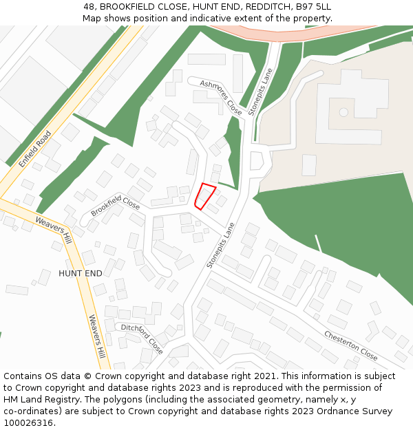 48, BROOKFIELD CLOSE, HUNT END, REDDITCH, B97 5LL: Location map and indicative extent of plot