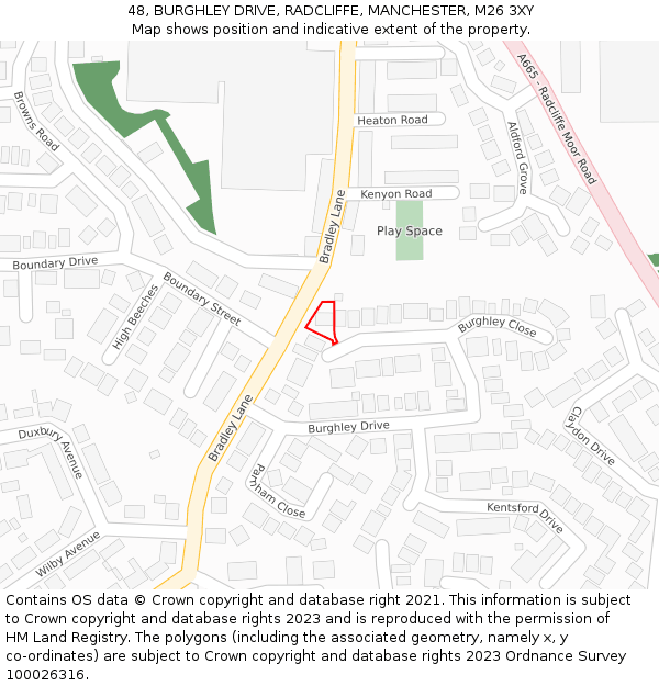 48, BURGHLEY DRIVE, RADCLIFFE, MANCHESTER, M26 3XY: Location map and indicative extent of plot