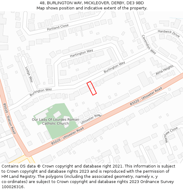 48, BURLINGTON WAY, MICKLEOVER, DERBY, DE3 9BD: Location map and indicative extent of plot