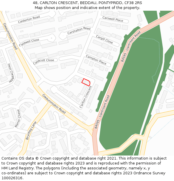 48, CARLTON CRESCENT, BEDDAU, PONTYPRIDD, CF38 2RS: Location map and indicative extent of plot